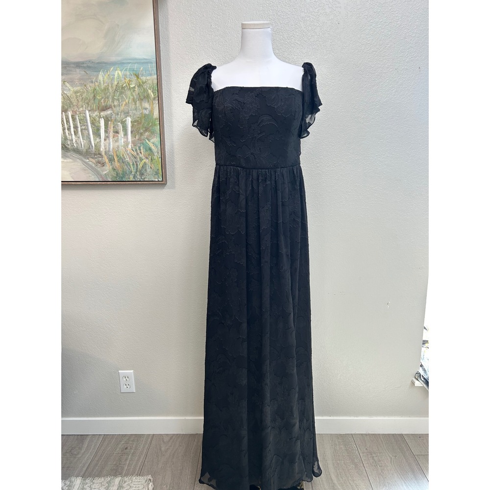 Azazie Atelier Black Floral Burnout Maxi Dress Square Neck Flutter Sleeve 14